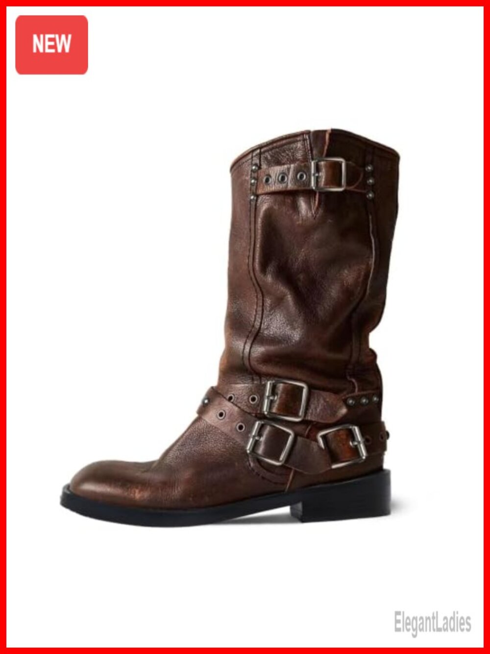 Women's Mid-Calf Moto Boots Chunky Block Heel Square Toe Buckle PU